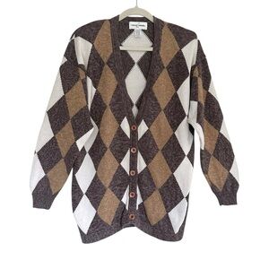 Vintage Casual Corner Argyle Cardigan Sweater Brown Tan Cream Academia Preppy L